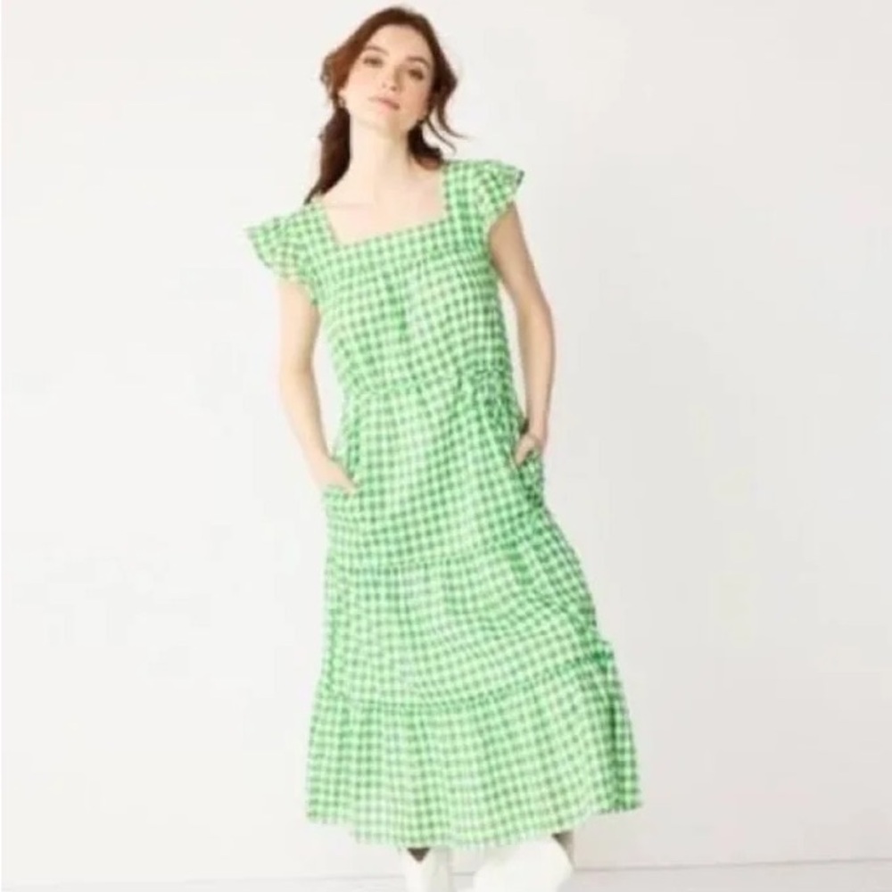 NWT XL Draper James, green and white checkered maxi dress